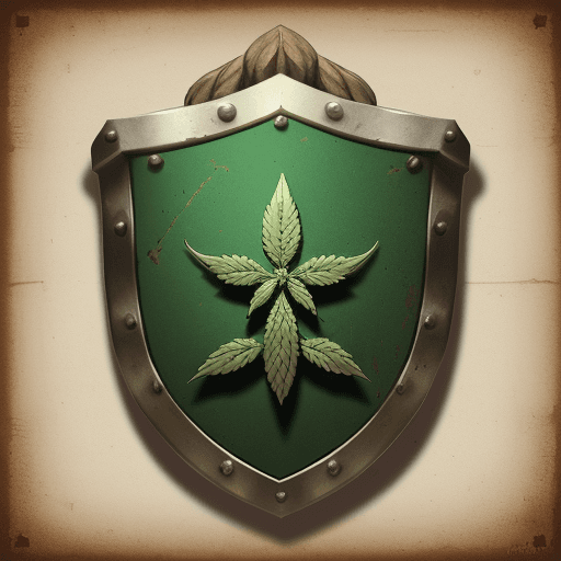 AI generated: create a medieval shield with marijuana details where you can see the word SATHO (be careful and do ...