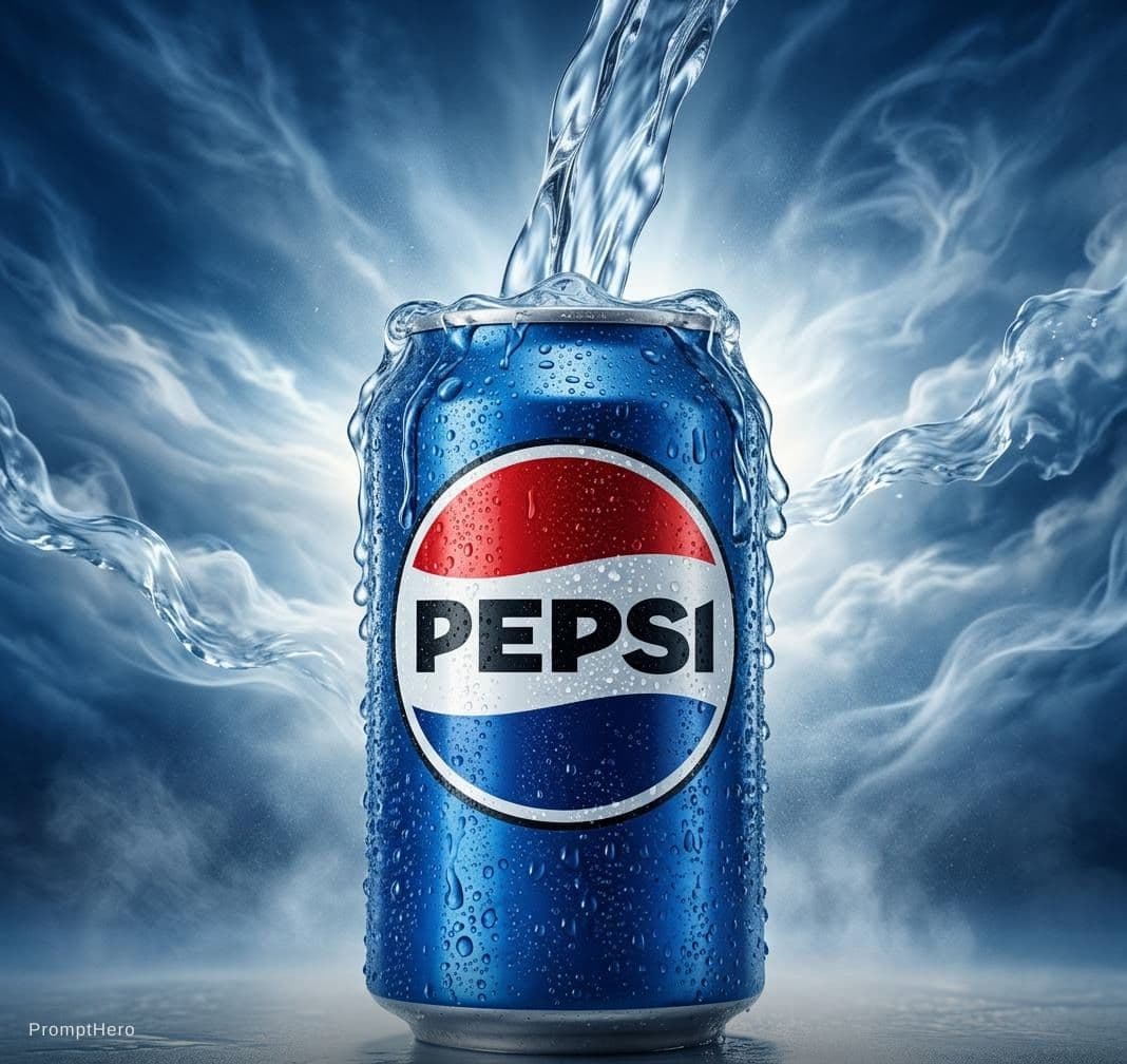 AI generated: make it realiste, pepsi refeshes with pepsi water flowing fromt he sky
