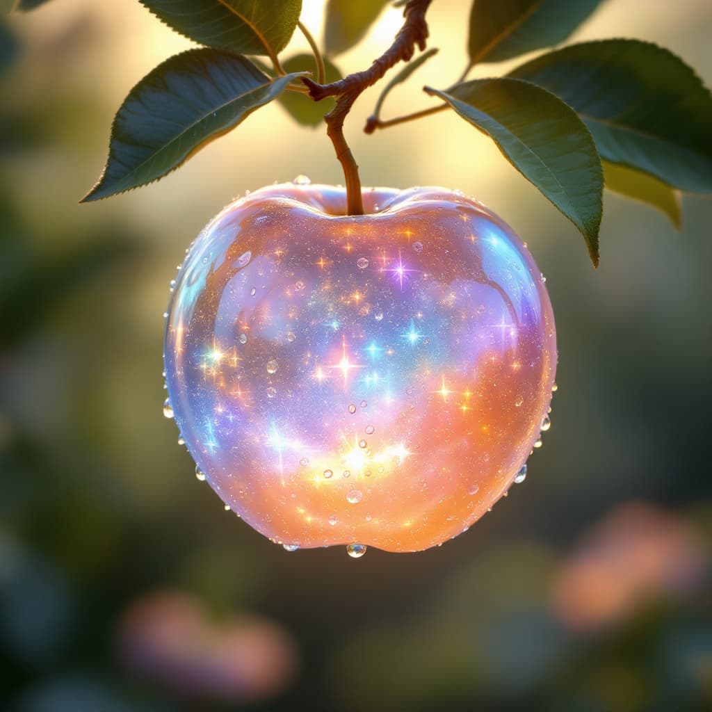 AI generated: a delicate orange made of opal hung on branch in the early morning light, adorned with glistening de...
