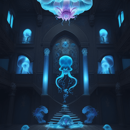 AI generated: blue medieval building with 3 floors, portrait. jellyfish phoenix head, nautilus, orchid, skull, bet...