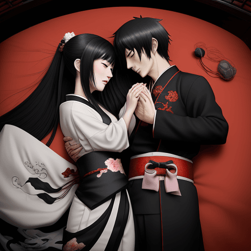 AI generated: The Death，At the foot of a Chinese couple holding each other, Japanese anime style