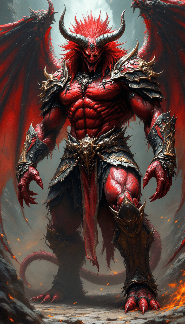 AI generated: Male behemoth demon in beauty armor. Red skin,
Many detailled, accessories, King, heel, 
