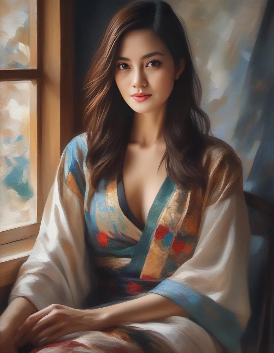 AI generated: a painting of a woman sitting near a window, in the style of beautiful women, playfully intricate, h...