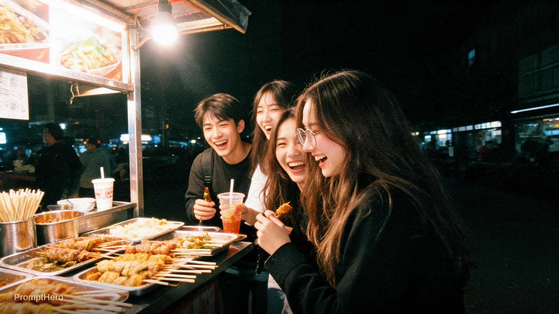 AI generated: flash photography, night street snap, disposable camera style, group of friends laughing at a street...