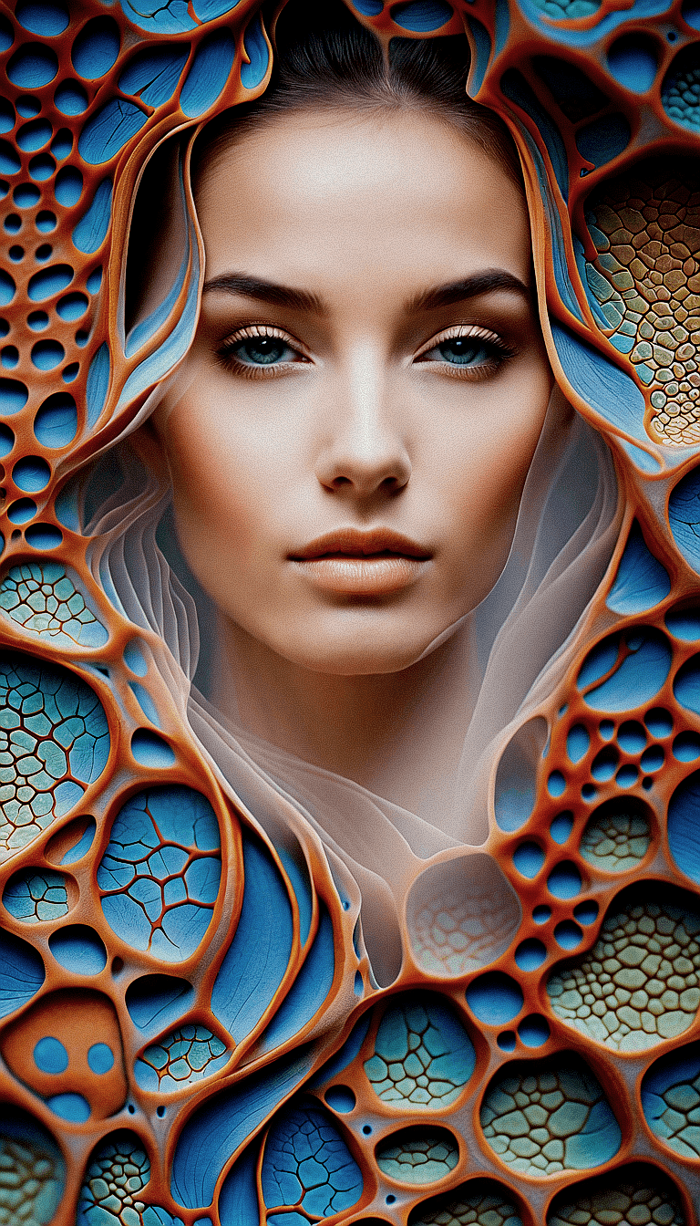 AI generated: A close-up picture of a beautiful woman's face superimposed by an organic pattern with a cellular or...