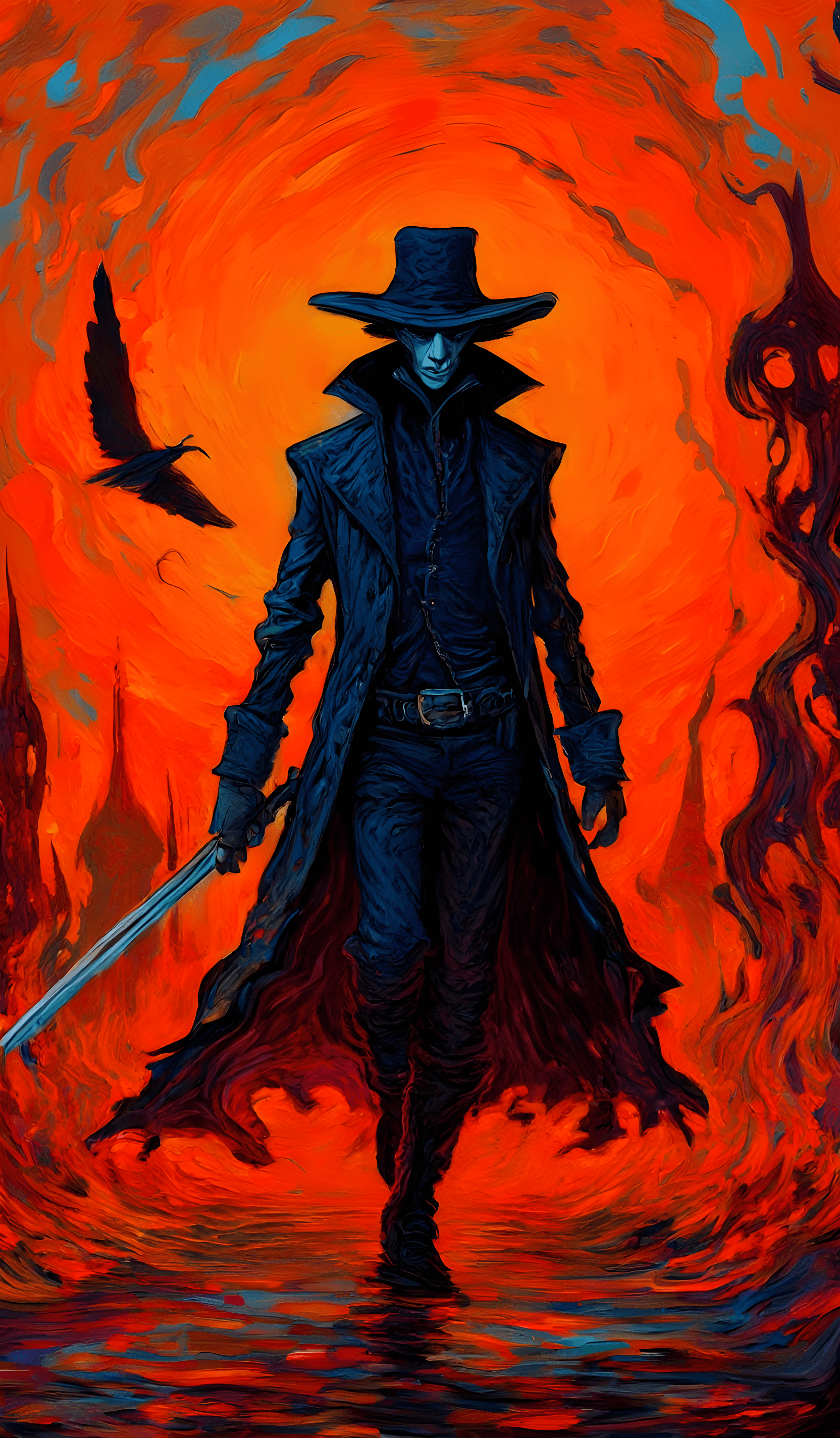 AI generated: Vampire Hunter, Parallel World, caricature in Claude Monet style, Futuristic, psychedelic, Fire Tone...