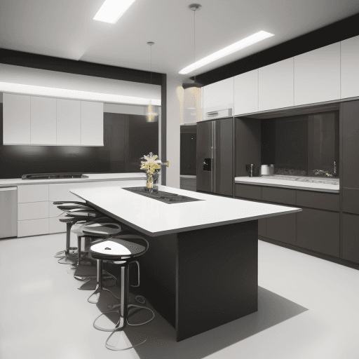 AI generated: modern kitchen with robots and clients are robots also anime style
