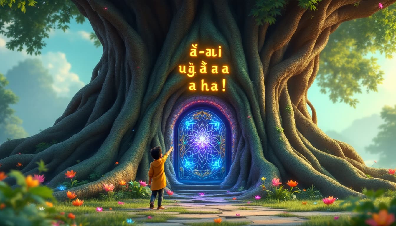 AI generated: "Create a 3D scene where Rohan and Meera stand in front of a majestic, ancient tree with a glowing, ...
