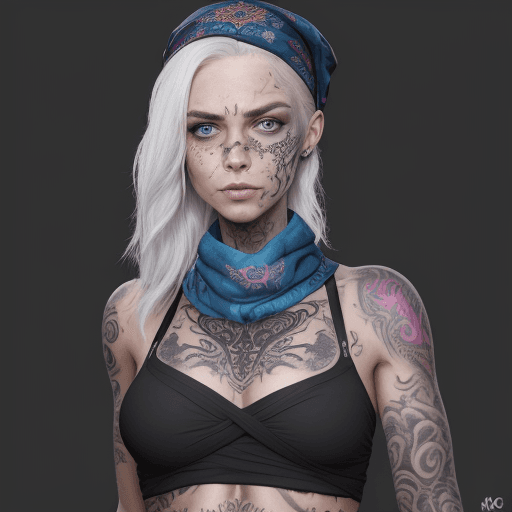 AI generated: verschiedene augenfarben, 8k, masterpice bodytattoo, bandana kopfbedeckung, scharfschütze, junge fra...