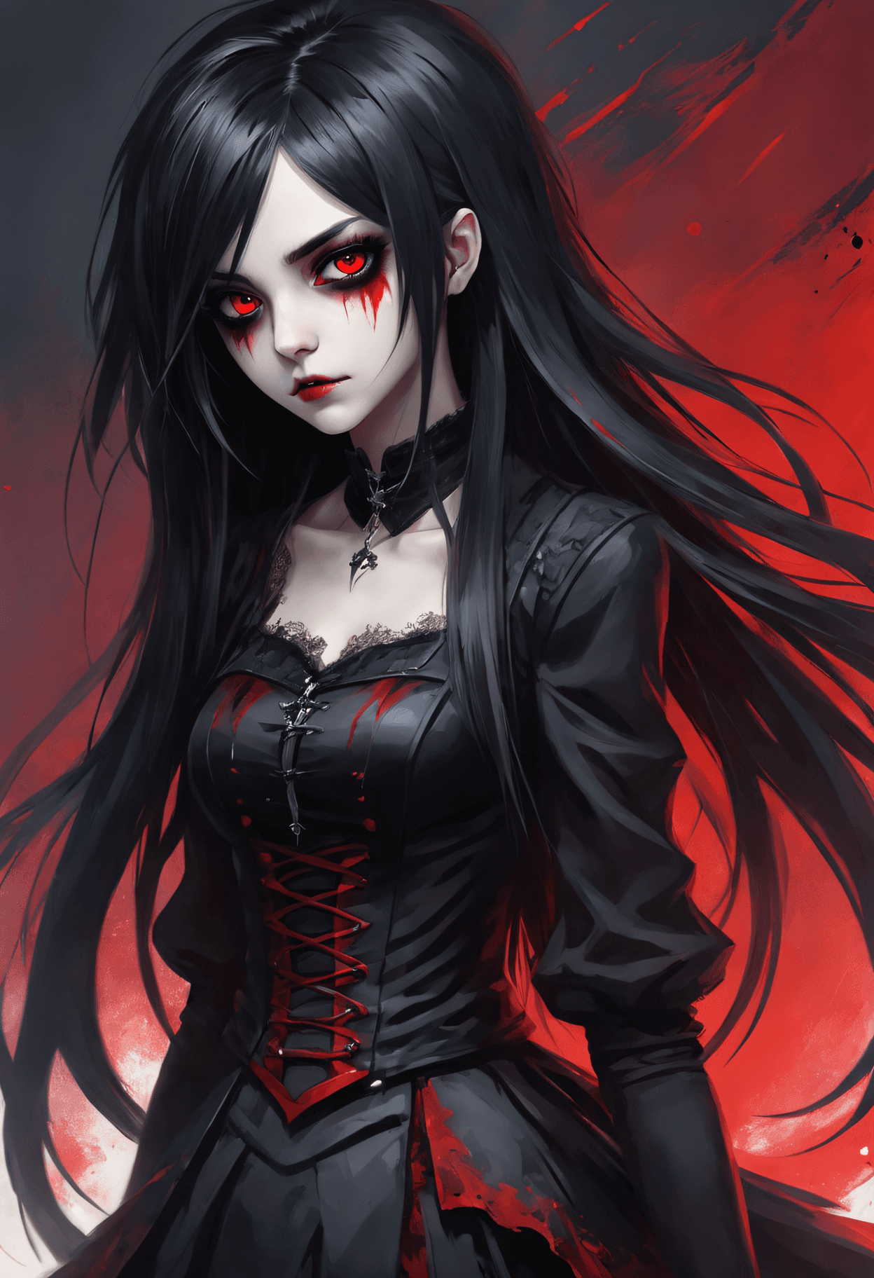 AI generated: Masterpiece, Best Quality, digital style painting, emo anime girl, long half-white and black messy h...