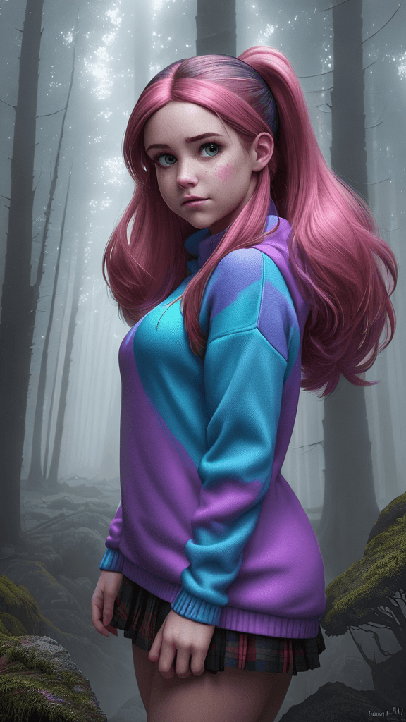 AI generated: (HDR1:1)Mabel Pines In favorite sweater, from Gravity Falls, captured in an epic photoart in the sty...