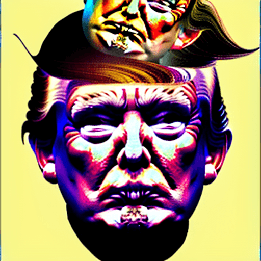 AI generated: image of donald trump with a vicious expression with his face stretched over the surface of a skull ...