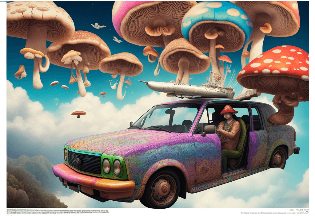 AI generated: High resolution photography Hyper realistic Psychedelic air ticket, with draw of mushrooms, happines...