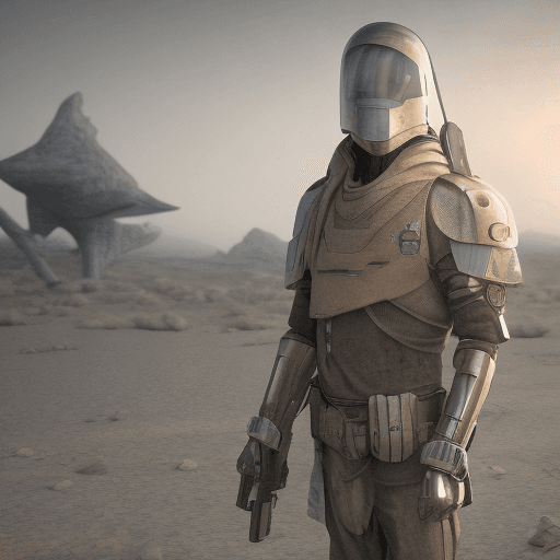 AI generated: character, futuristic post-apocolyptic desert security force, peacekeeper, open desert, wide angle, ...