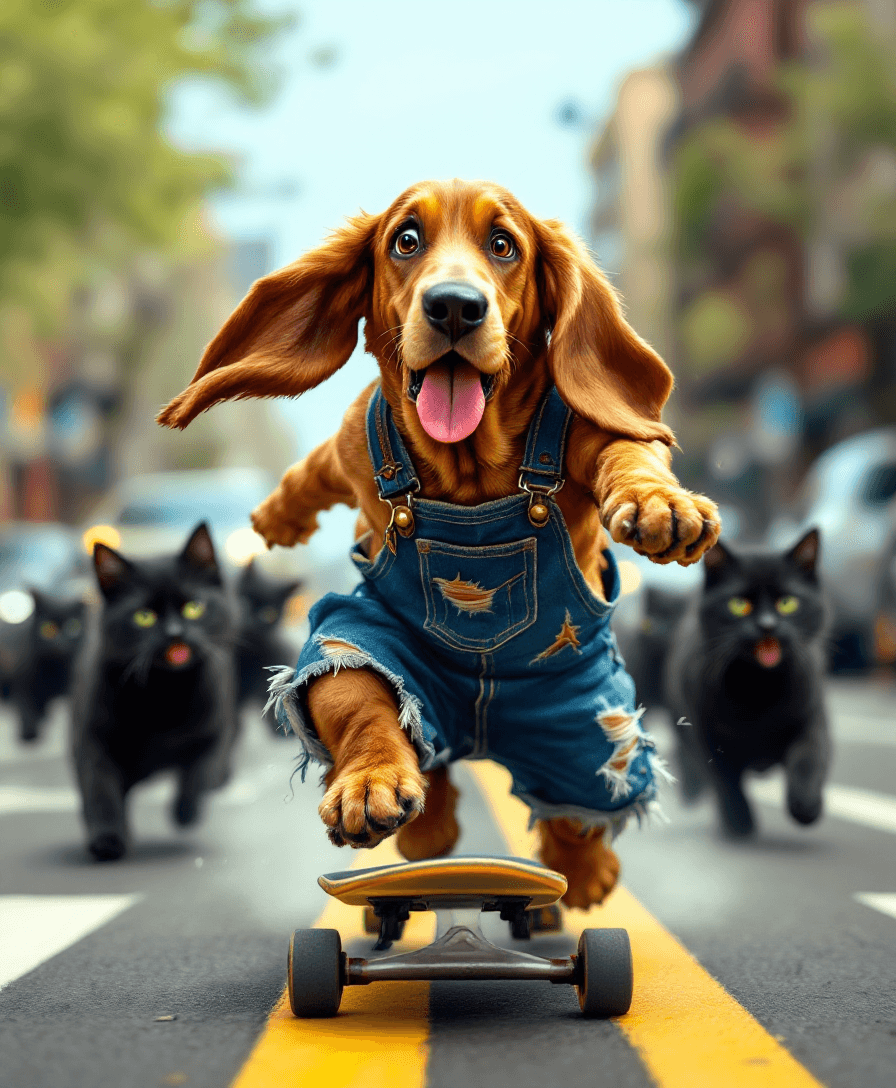 AI generated: A Cute ((Basset hound with Floppy Ears blowing in the breeze)) as he is riding a Skateboard down the...