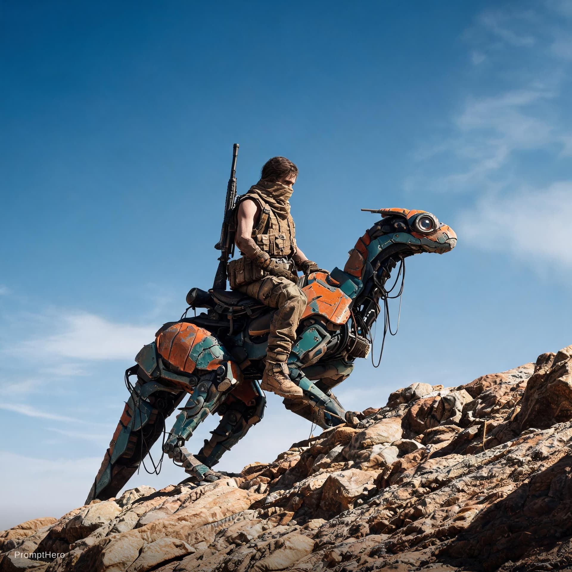 AI generated: A lone desert scout riding a robotic reptile-like pack mount up a rocky slope under a wide open sky,...