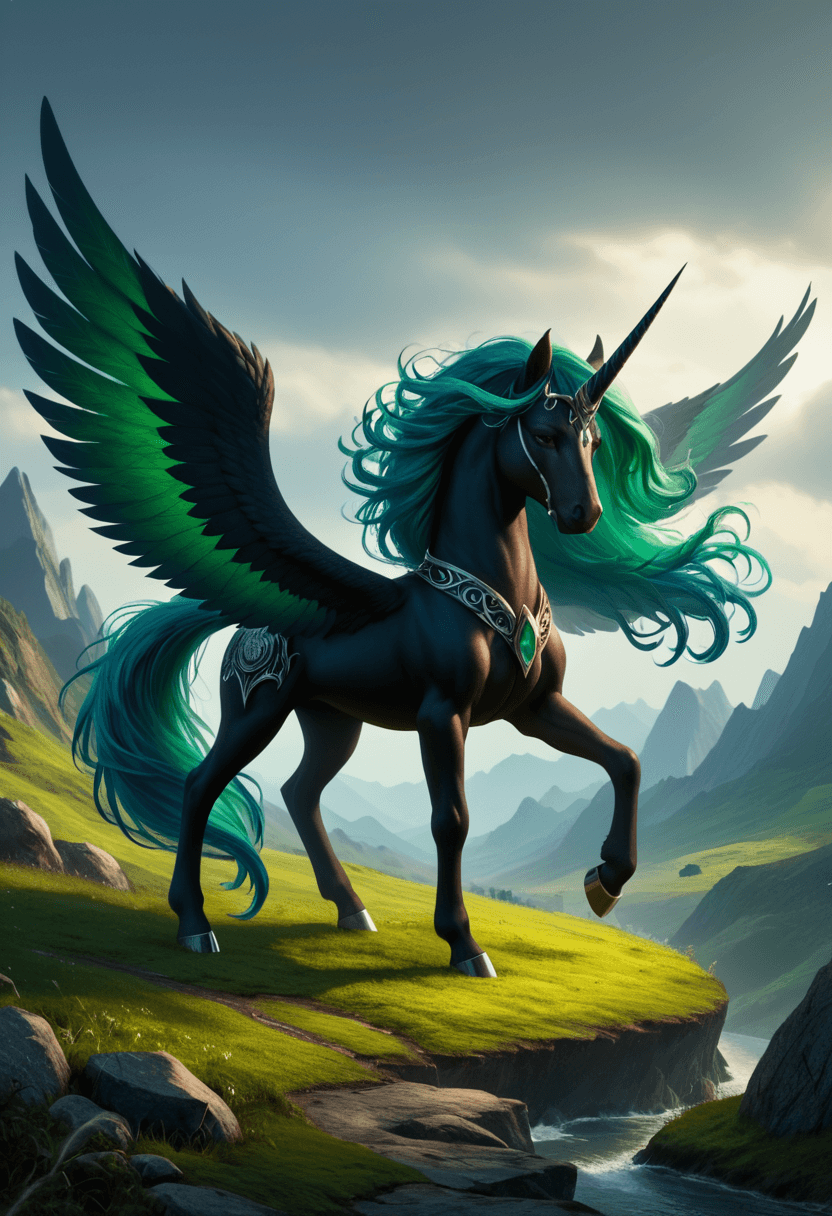 AI generated: Strong alicorn,dark blue hair with green mane and tail,dynamic colors,fantasy landscape setting,high...