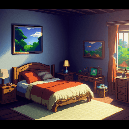 AI generated: 16 bit pixel art, epic composition of the bedroom of a fan of video games, by studio ghibli, cinemat...
