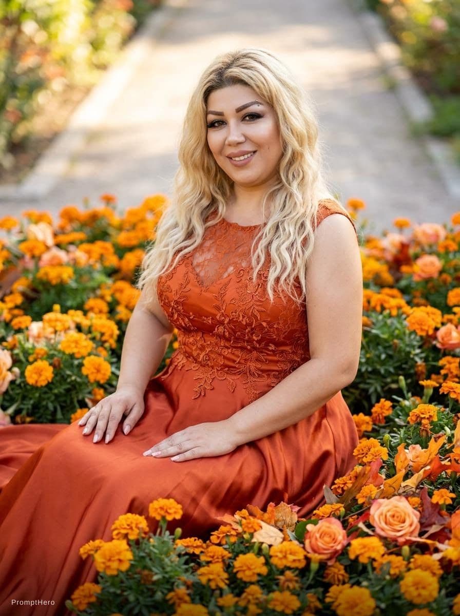 AI generated: beautiful fashion model with orange dress, and sitting on orange flowerbed, --ar 3:4