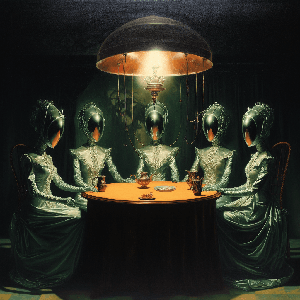 AI generated: The painting depicts seven alien women dressed in retrofuturistic attire gathered around an empty ta...
