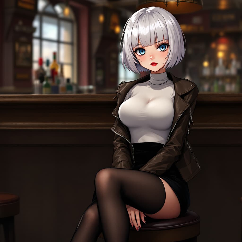 AI generated: anime, woman, white hair, bob cut, blue eyes, freckles, red lips, white turtle neck sweater, tight t...
