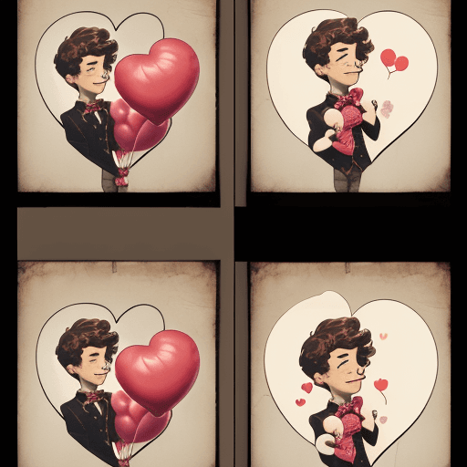 AI generated: a poster depicts a boy holding a heart shaped balloon, in the style of sketchfab, poodlepunk, warm t...