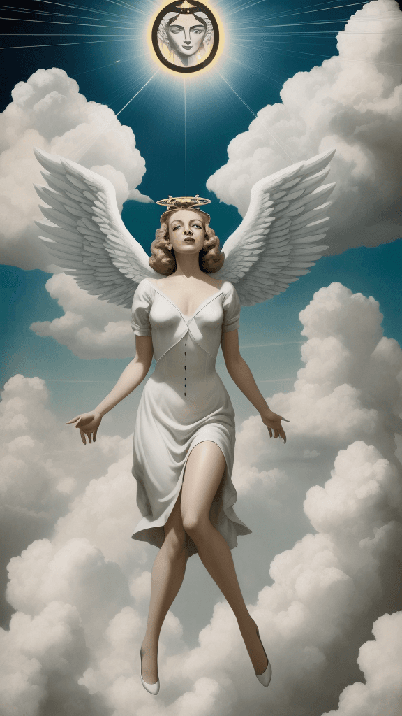 AI generated: (who said a angel has a halo), (Ultra high res), Clouds, sunbeams, Modernist Simplicity, 1940s Propa...