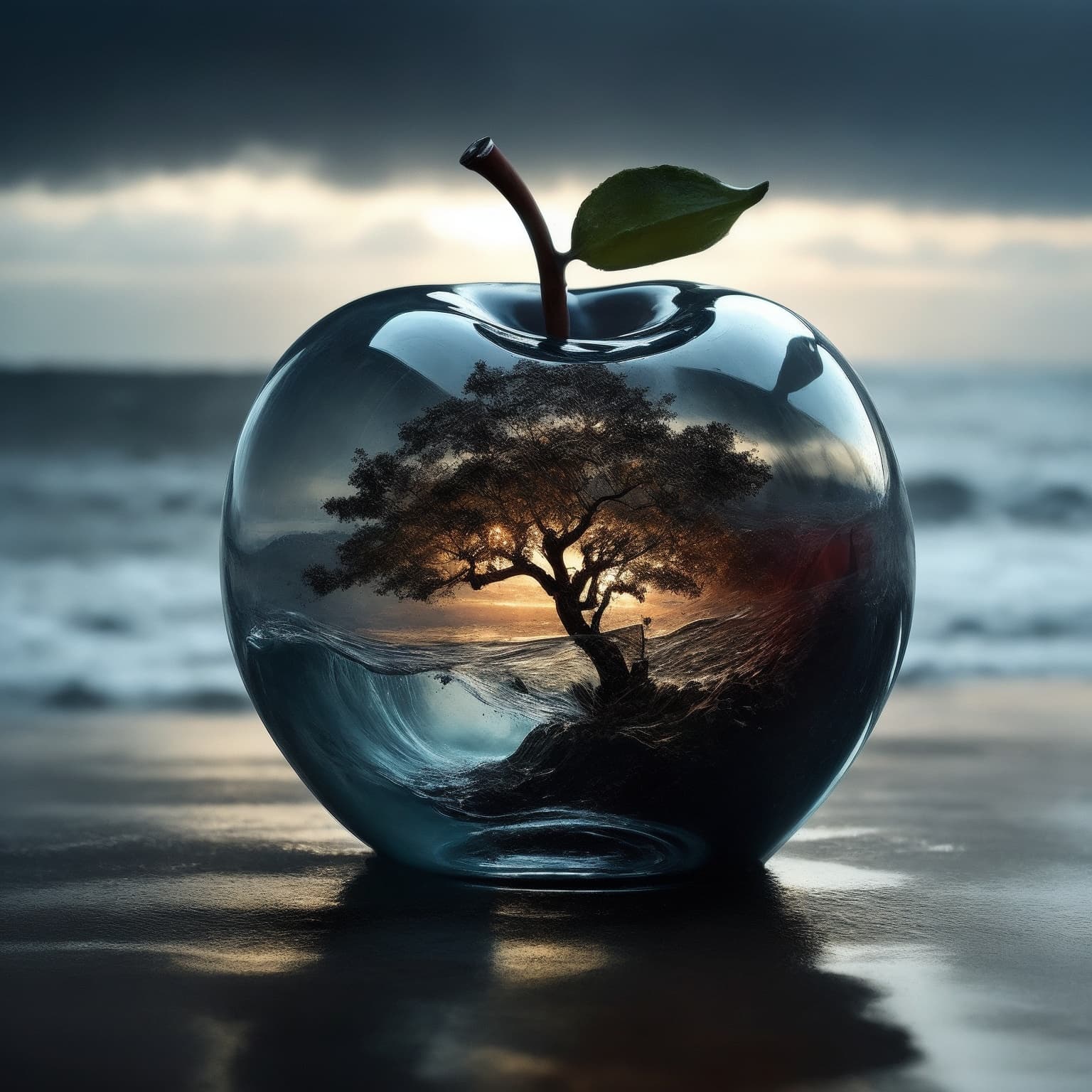 AI generated: lovely double exposure image by blending together a stormy sea and a glass apple. The sea should ser...