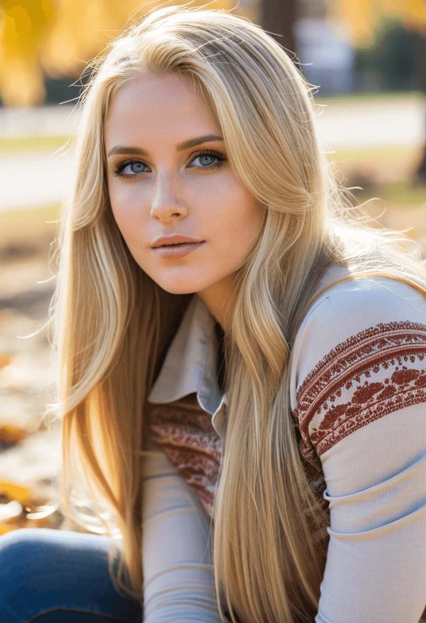 AI generated: breathtaking beautiful young woman, light-blue eyes, long blonde hair, full lips, sitting on the gro...