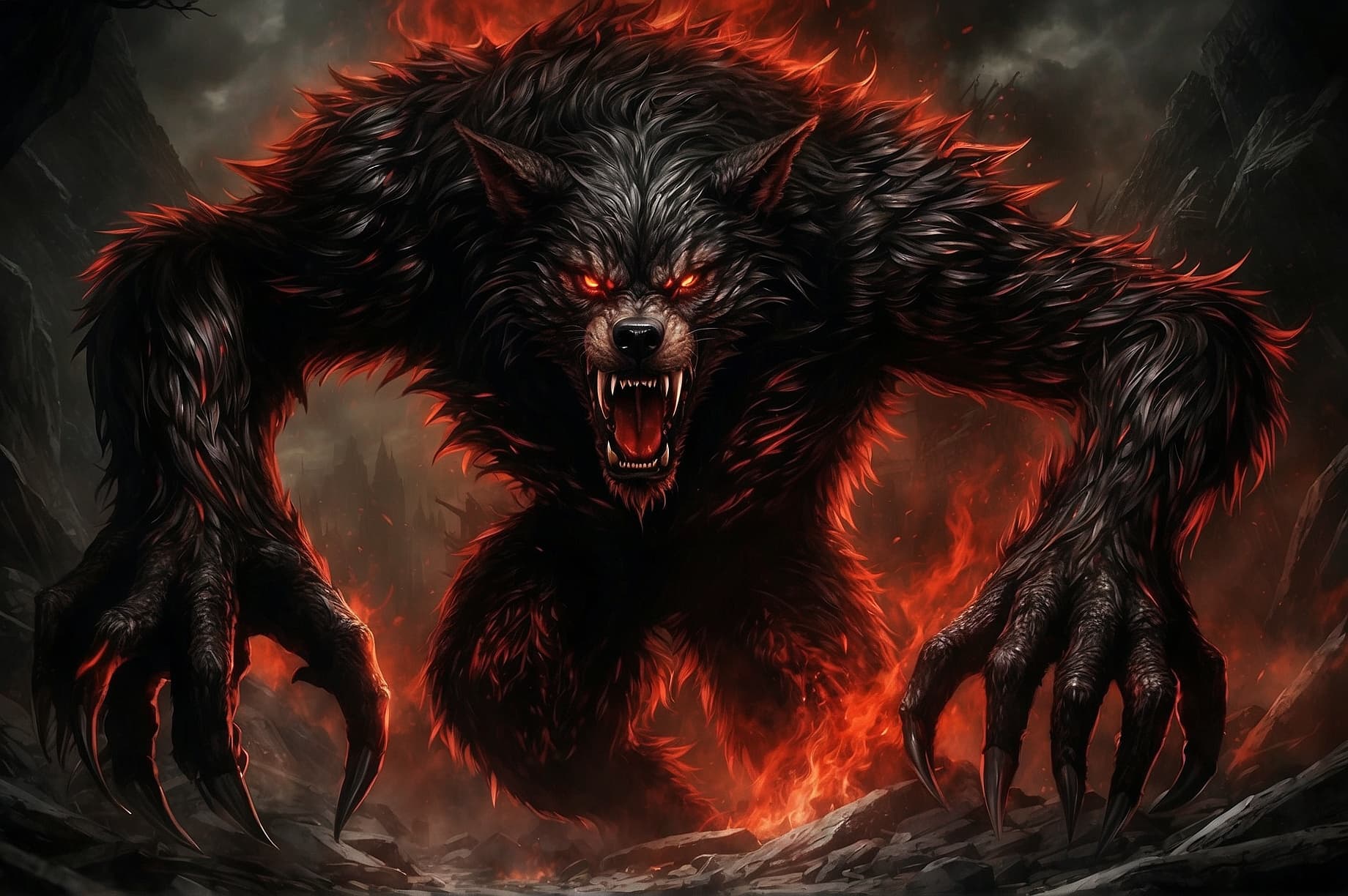 AI generated: "Create a chilling image of an evil werewolf emerging from the depths of hell. The werewolf is a gro...