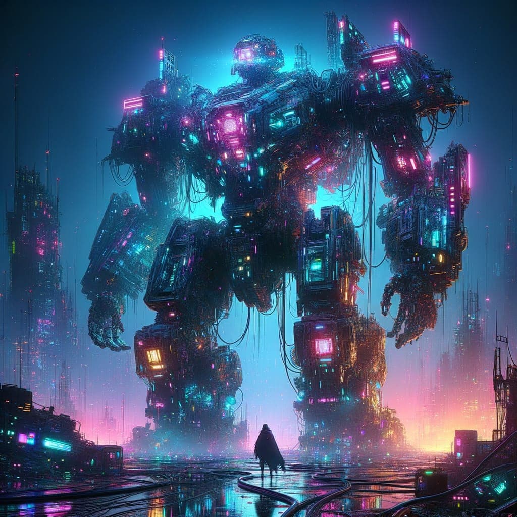 AI generated: "A towering, ruined mech looms in a hyper-futuristic neon-lit wasteland, its massive frame cracked a...