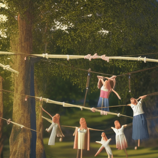 AI generated: 3d render realistic 3 smiling people hanging upside down on clothesline in the garden full of trees ...