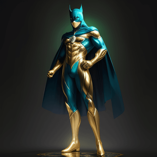 AI generated: male superhero, green mask, no symbol, skin tight blue suit, gold cape, gold gloves, gold boots, int...
