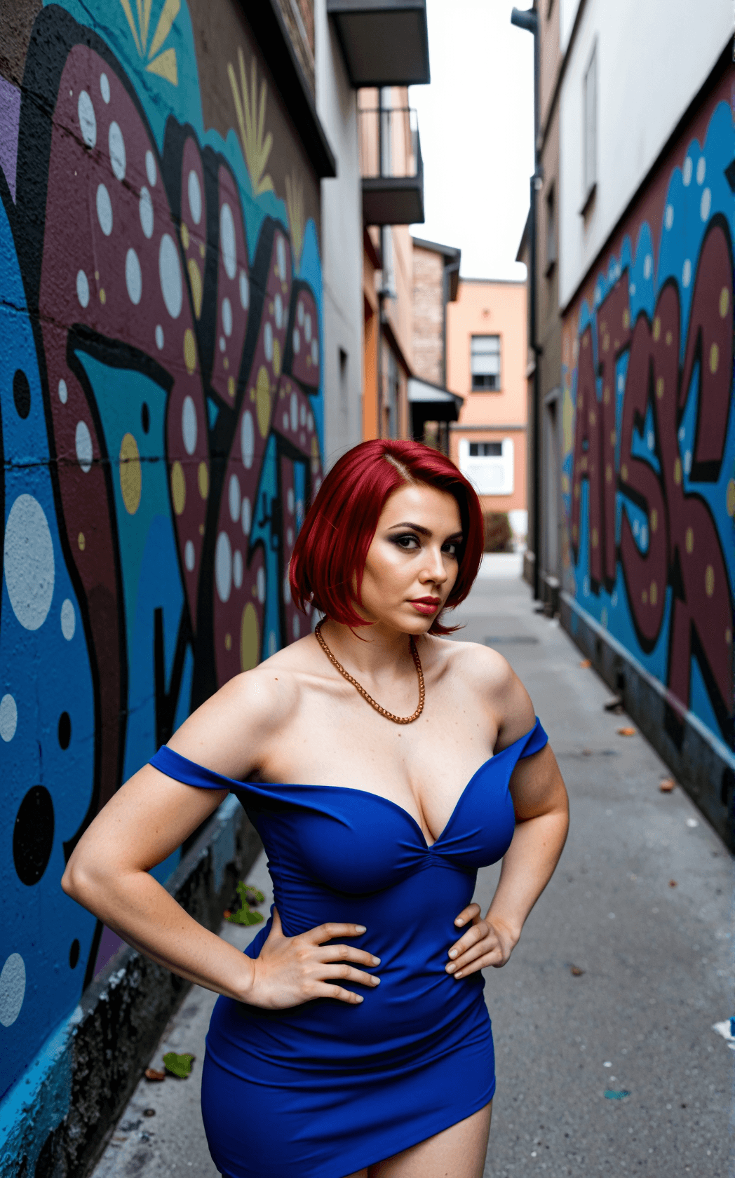 AI generated: A raw street documentary photograph set in a narrow graffiti alley, where layered murals explode in ...