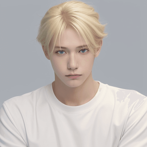 AI generated: A very calm and cool looking guy, blonde hair, wearing something white/peach, no smiling