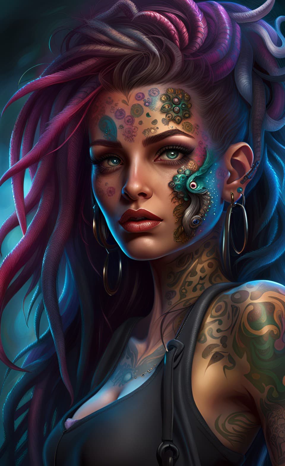 AI generated: Sunning fantasy female cyberpunk alien humanoid portrait with visible vivid tattoos, ethereal, ultra...