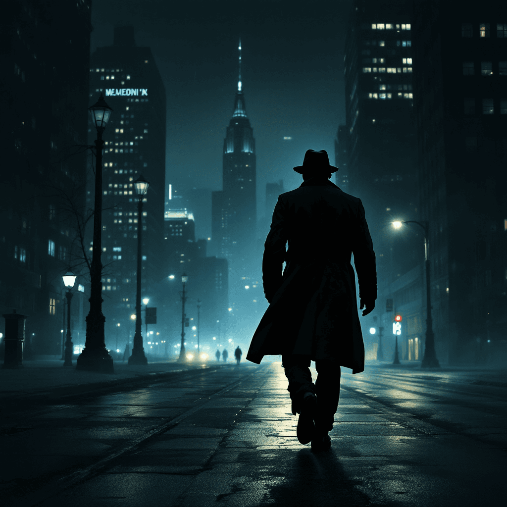 AI generated: Male detective in a trench coat, set against a noir city backdrop at night, in the style of Edward H...