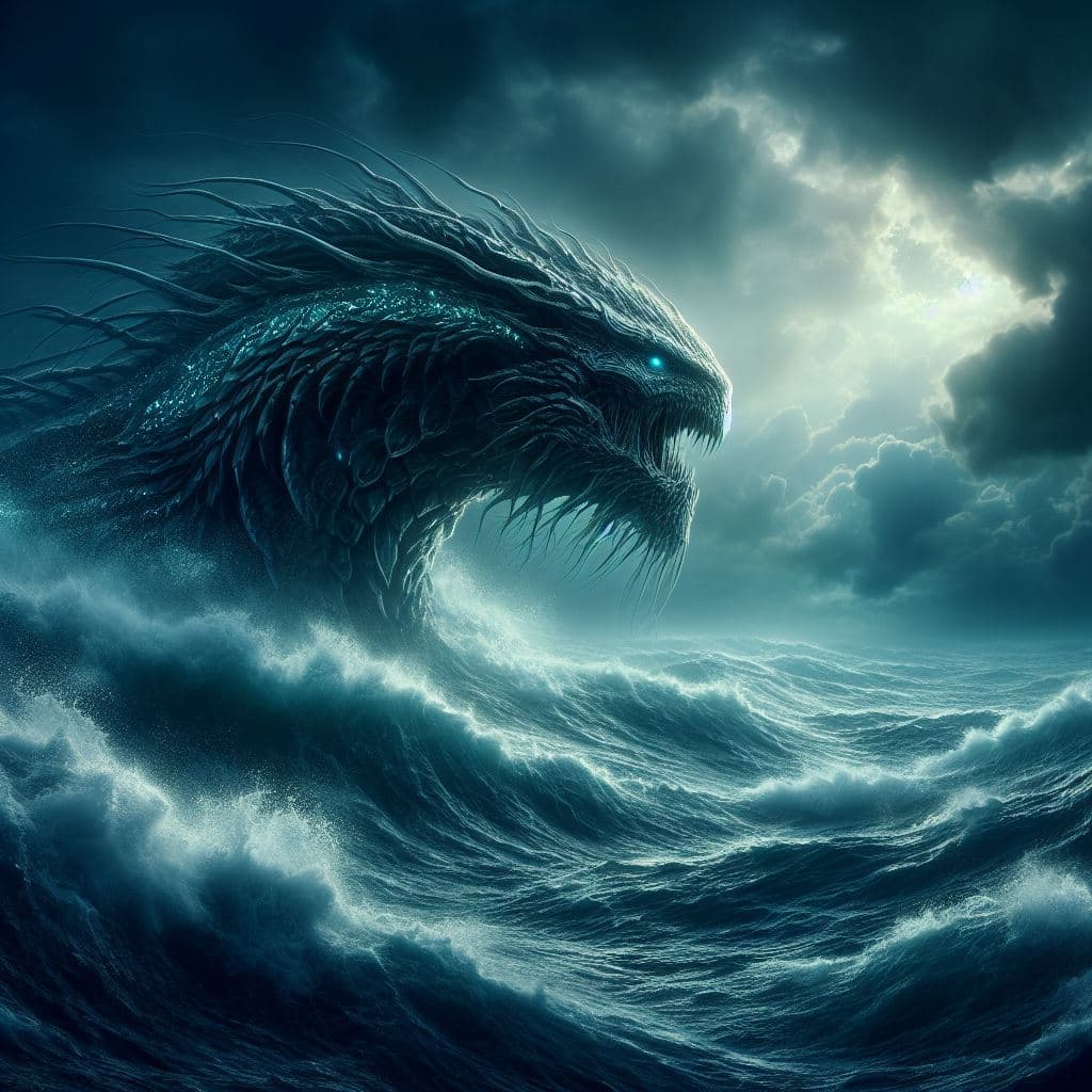 AI generated: On the edge of a vast, storm-tossed sea, Leviathan, a fearsome and majestic sea monster, rules the d...