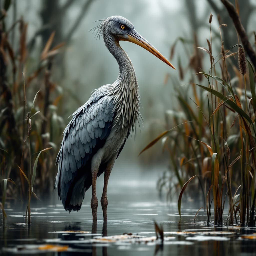 AI generated: Shoebill Stork
“A towering shoebill stork standing motionless in a swamp, with piercing eyes and a p...
