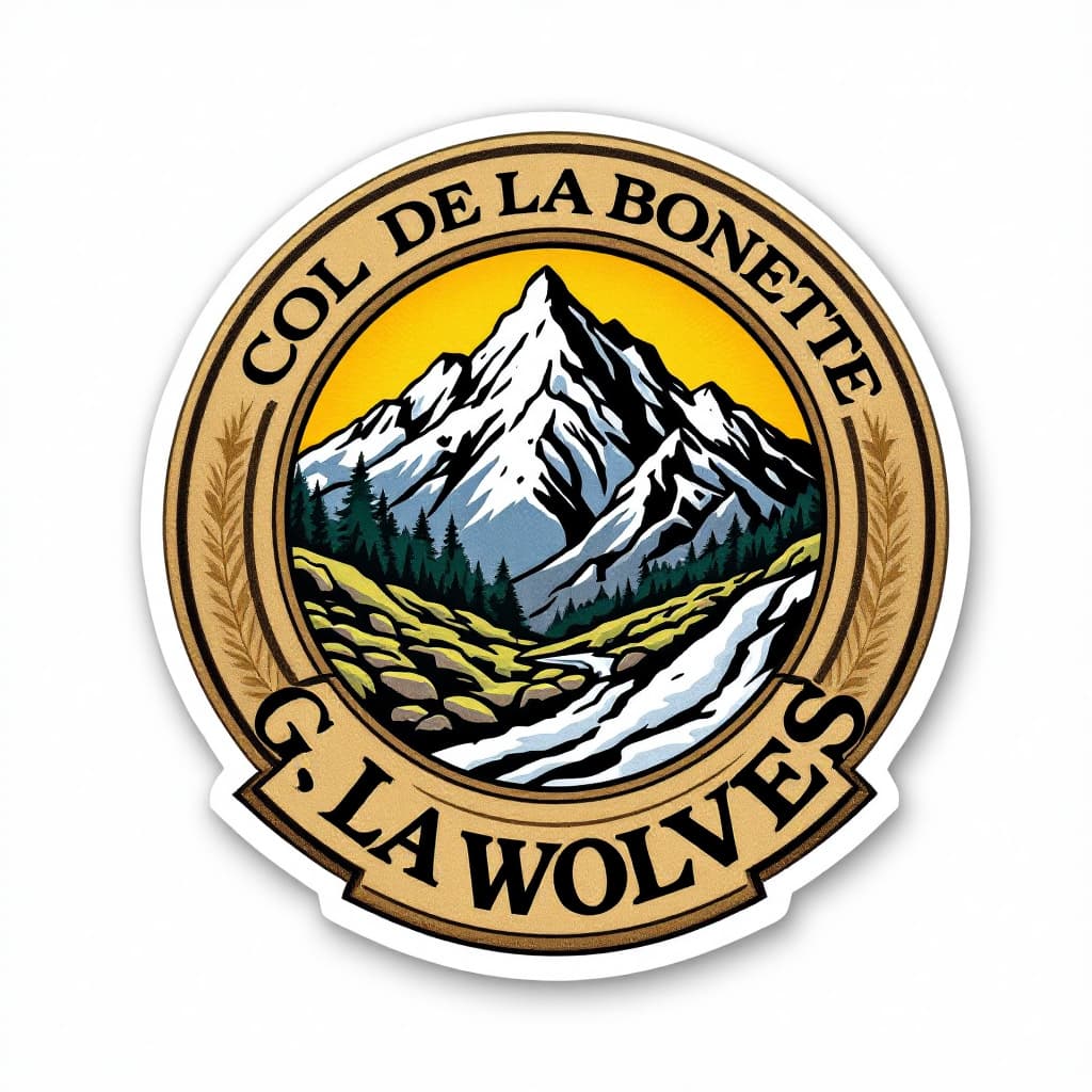 AI generated: a image of a sticker of a medal using as theme the "Col de la Bonette" without Hintergrund and with ...