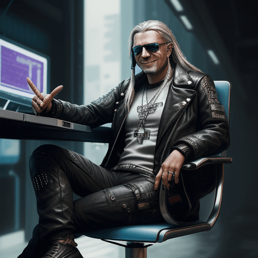 AI generated: Kapiszon, Cyberpunk, Middle aged, Man, long Silver hair, Devious smile, Sitting on a plastic chair, ...