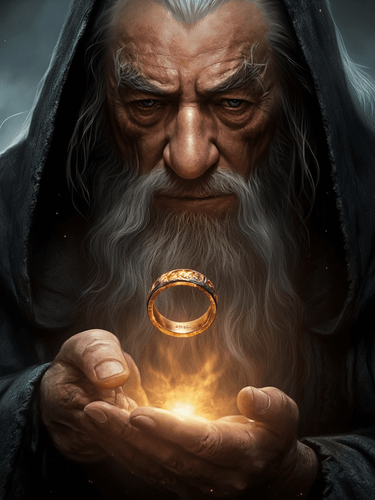 AI generated: A hyperrealistic close-up, half-figure portrait of Gandalf the Grey, his intense gaze focused downwa...