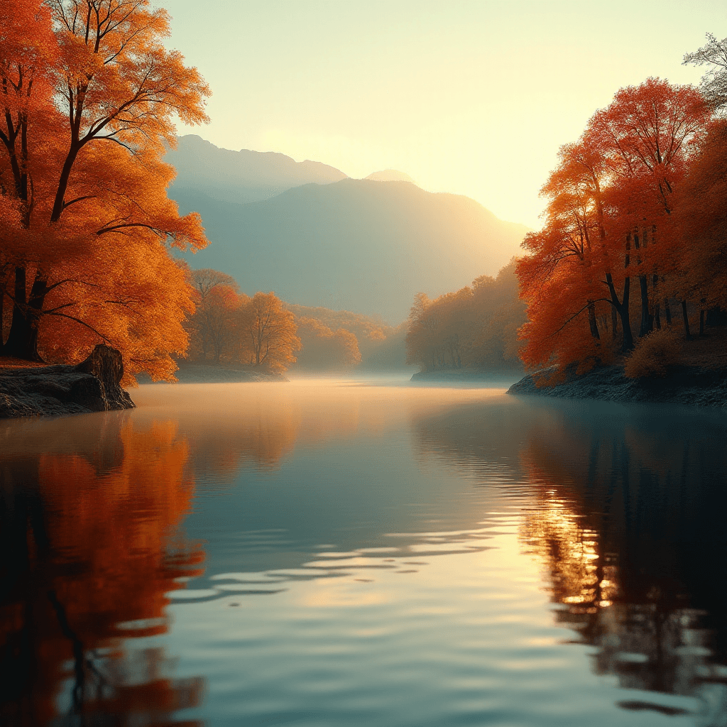 AI generated: Golden hour landscape photography of a serene lake surrounded by lush, autumnal trees in vibrant ora...