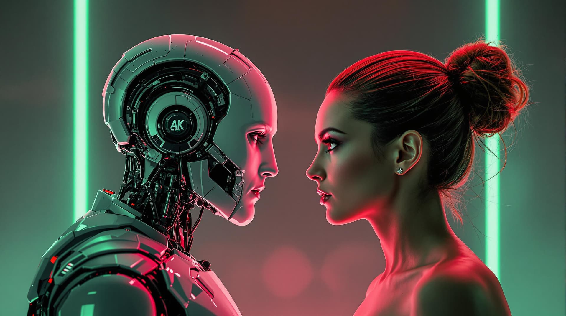 AI generated: Futuristic portrait, human and robot face-to-face, profile view, cyberpunk aesthetic, red and green ...