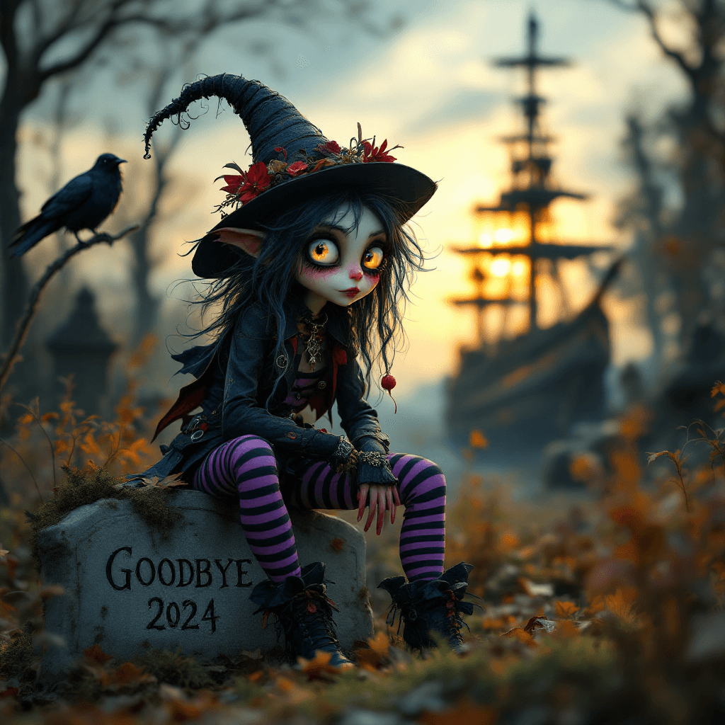 AI generated: Photo John Bauer, colorful, whimsical and adorable gothic pixie, big expressive eyes, mischievous ex...
