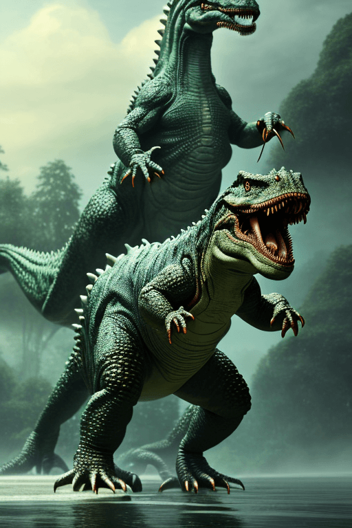 AI generated: salamander, titanosaurus, giant walking spinosaurus on hind legs, spinosaurus, large dorsal sail, ar...
