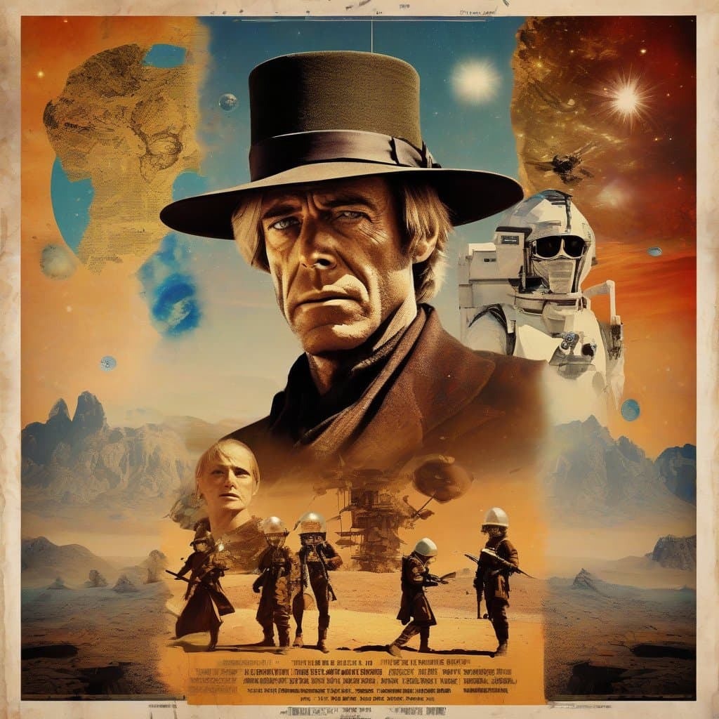 AI generated: a classic movie poster, collage style, for a scifi-themed remake of "Once upon a time in the West". ...