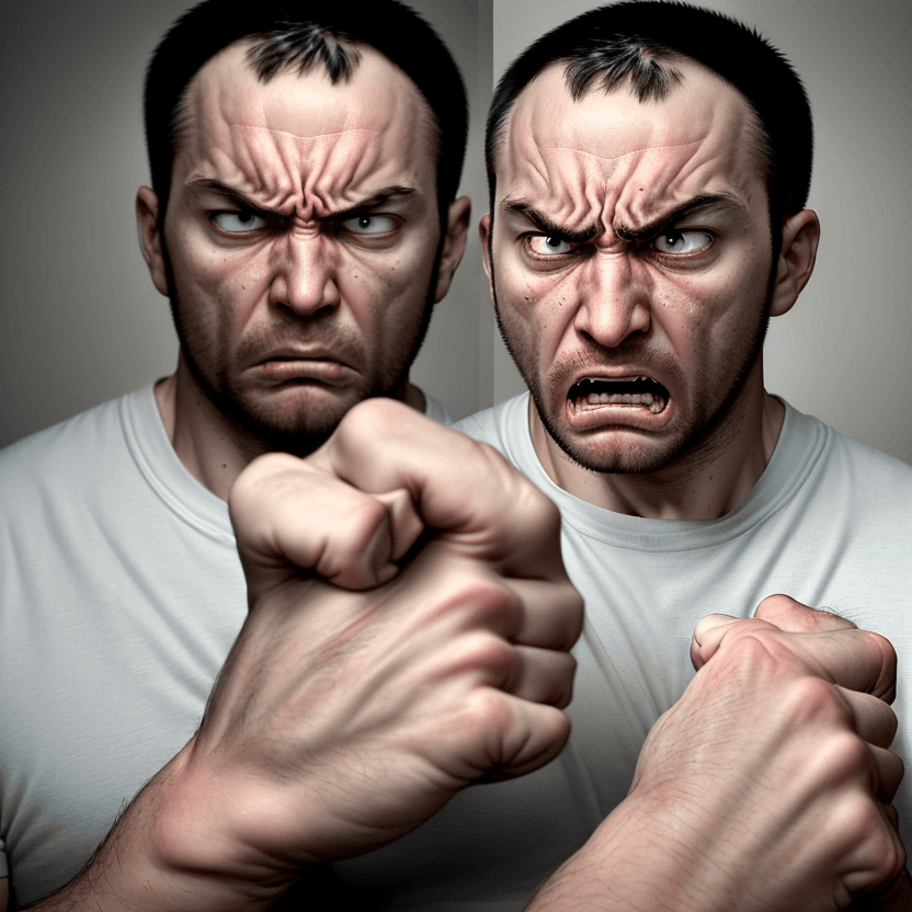 AI generated: The first image shows a visibly frustrated man, with an angry and aggressive expression. His face is...