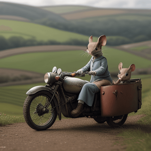 AI generated: cinematic film still award winning photo, style beatrix potter, two grey mice, both wearing open fac...