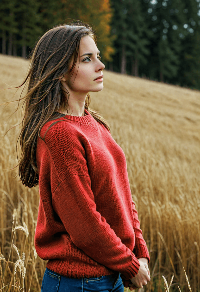 AI generated: HDR photo of gorgeous young woman, from the side, long brunette hair, looks away from the viewer, we...